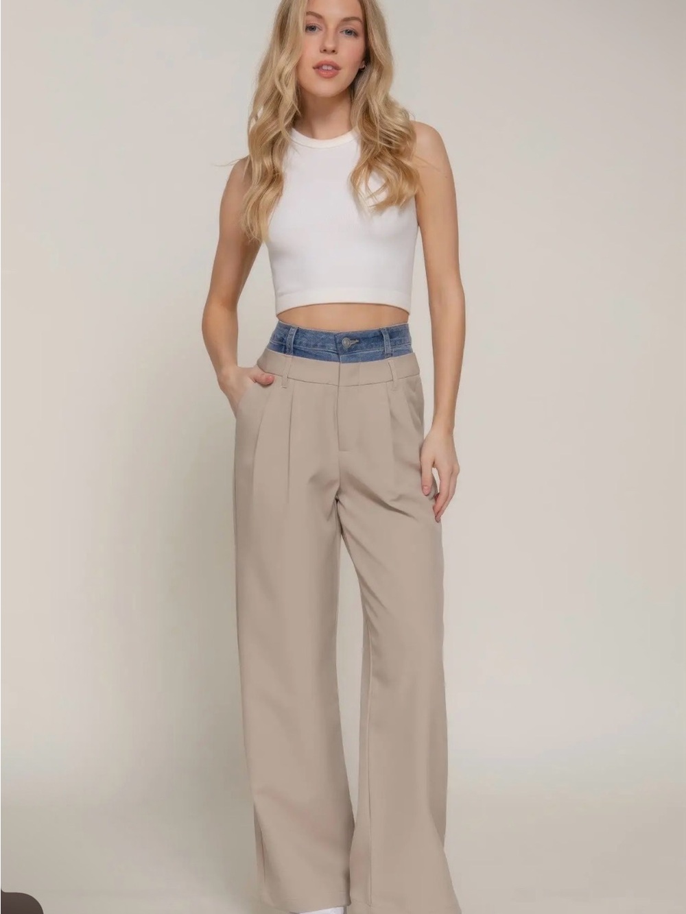 High-Waist Wide-Leg Pants in Beige Denim waistband